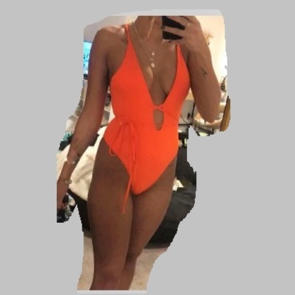 Orange Belted  Plunging Neckline 1 Piece - Picture 6 of 8